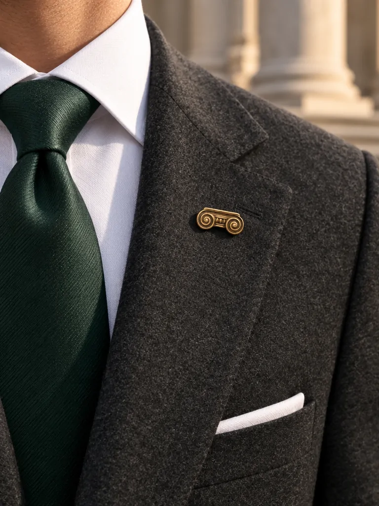 Ionic Volute Lapel Pin worn with a wedding suit