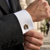 Keystone Arch Cufflinks worn with a wedding suit