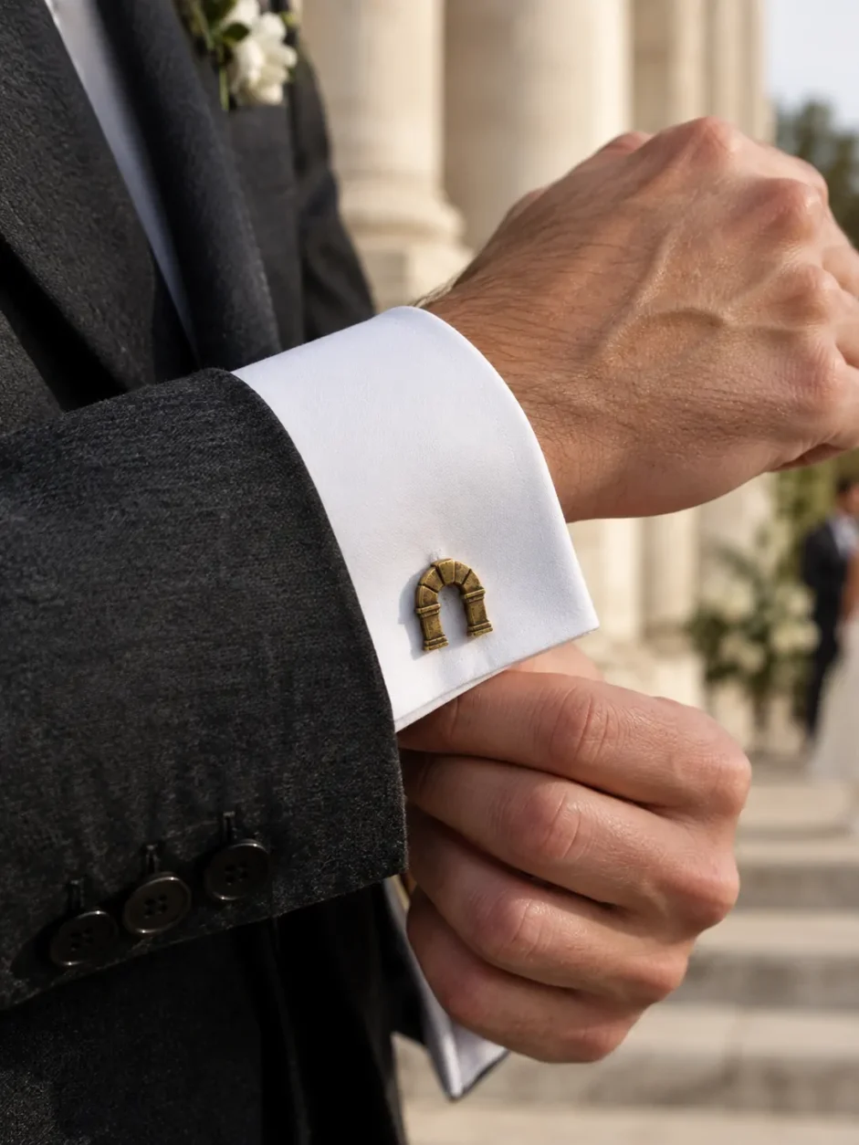 Keystone Arch Cufflinks worn with a wedding suit