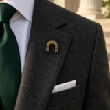Keystone Arch Lapel Pin worn with a wedding suit