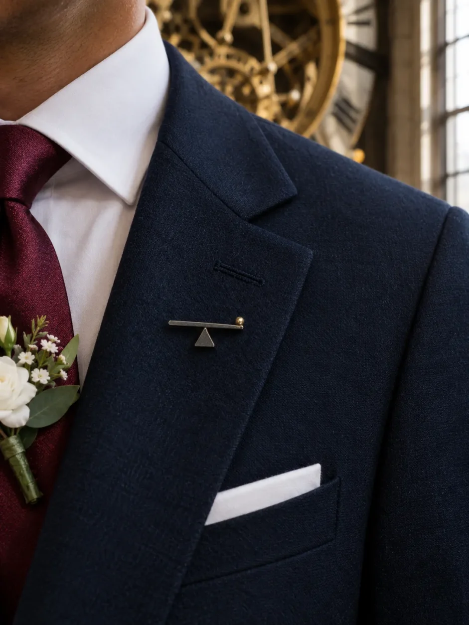 Épinglette de revers levier et point d'appui porté avec un costume de mariage