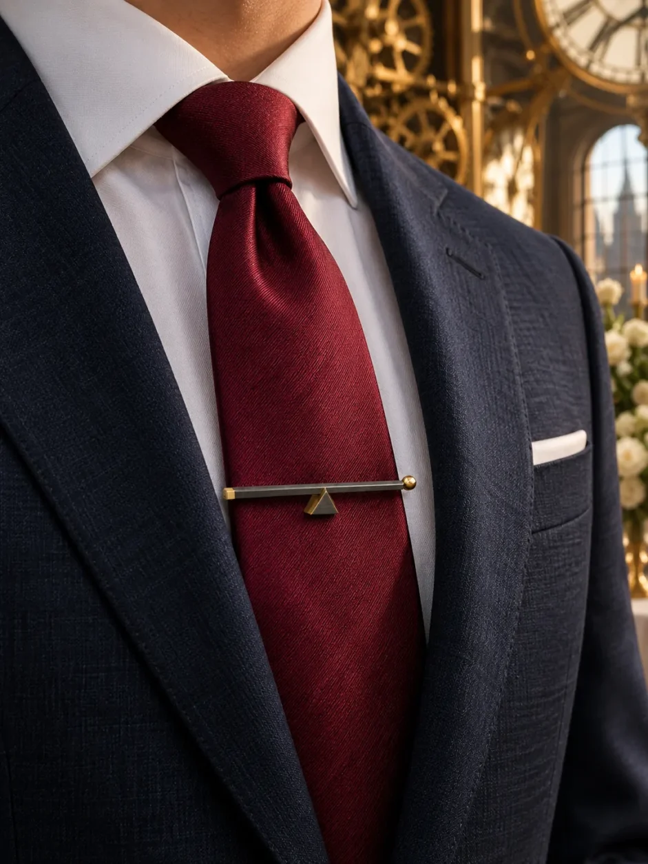 Lever Tie Bar worn with a wedding suit