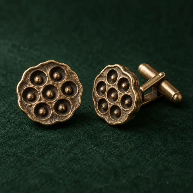 Lotus Pod Cufflinks, front view on green felt