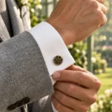 Lotus Pod Cufflinks worn with a wedding suit