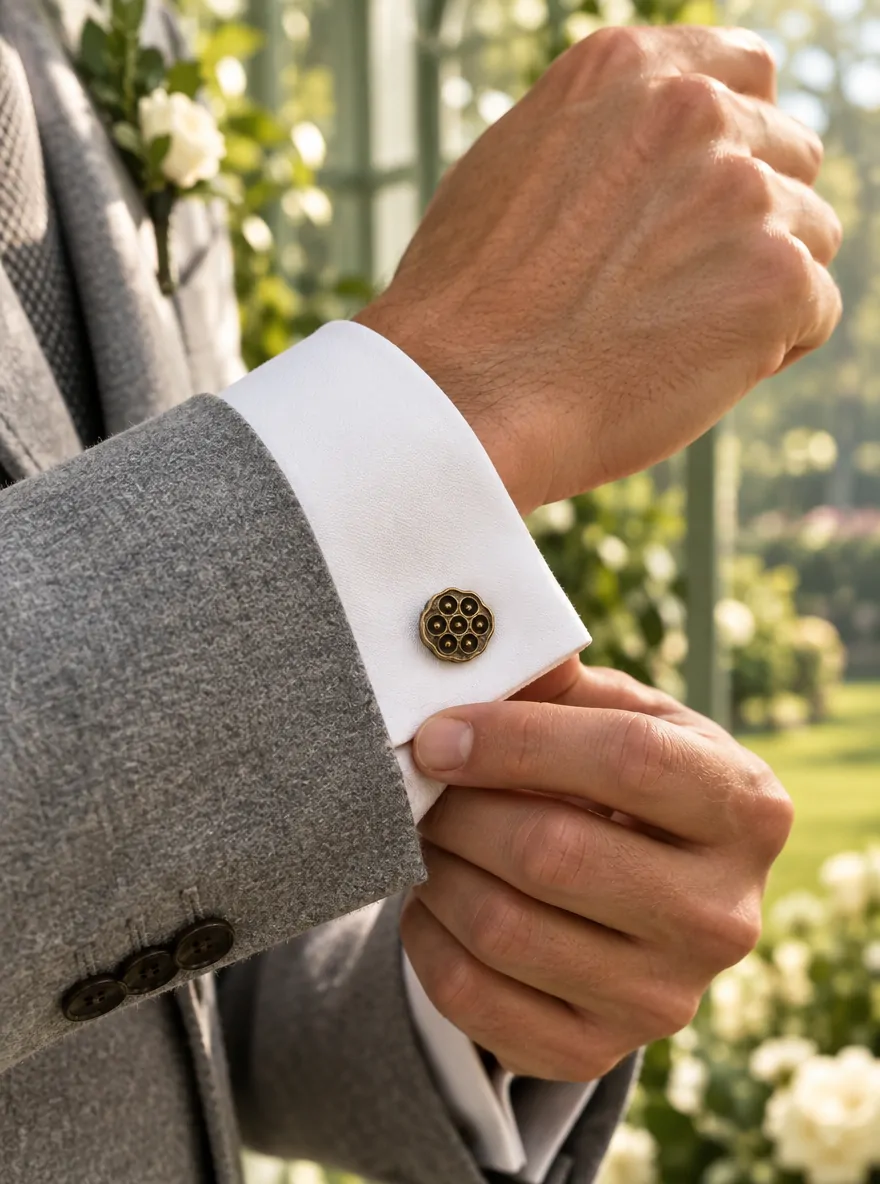 Lotus Pod Cufflinks worn with a wedding suit