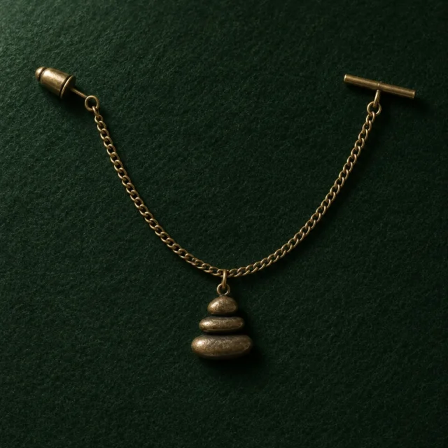Pebble Cairn Lapel Chain, front view on green felt