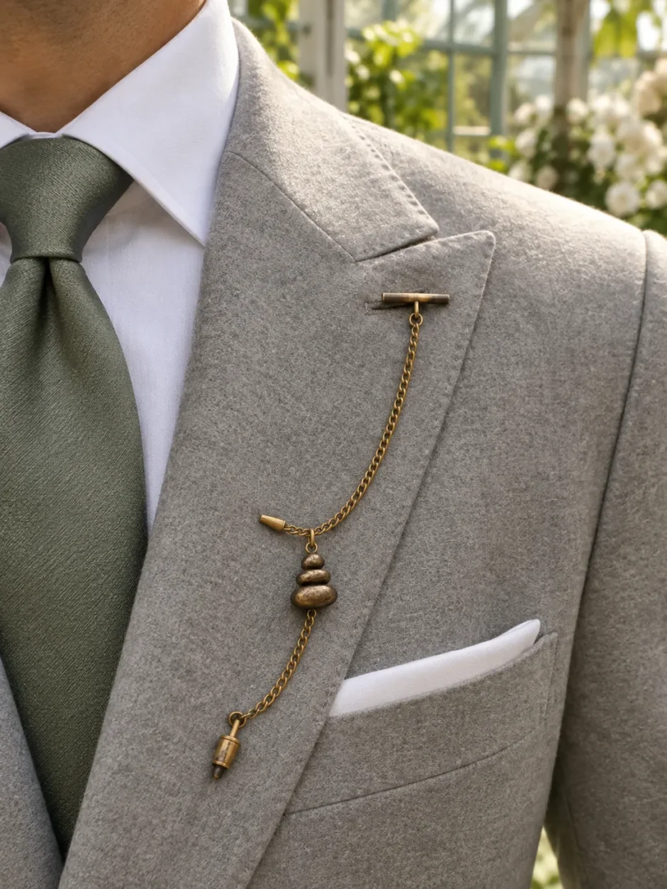 Pebble Cairn Lapel Chain worn with a wedding suit
