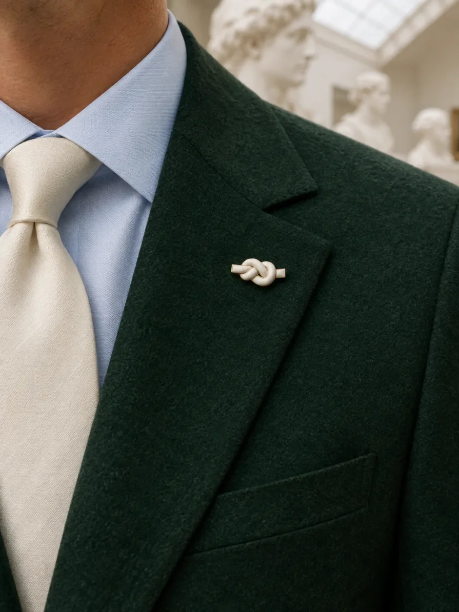 Cast Knot Lapel Pin worn with a wedding suit