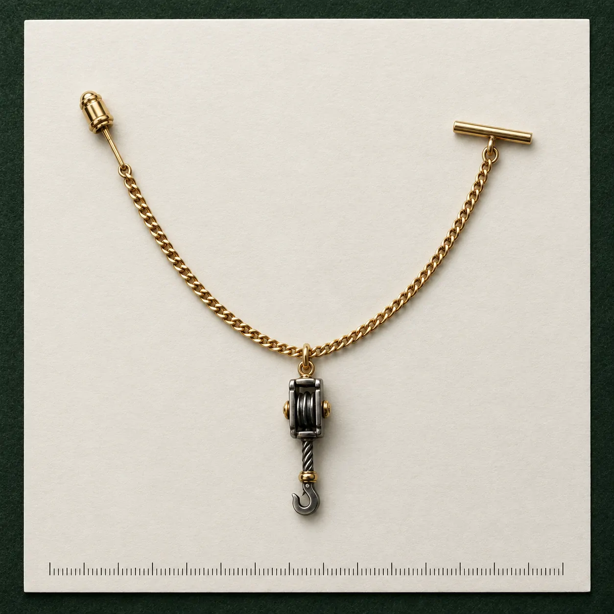 Pulley Block Lapel Chain on a millimetre scale card
