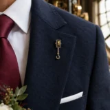 Pulley Block Lapel Pin worn with a wedding suit