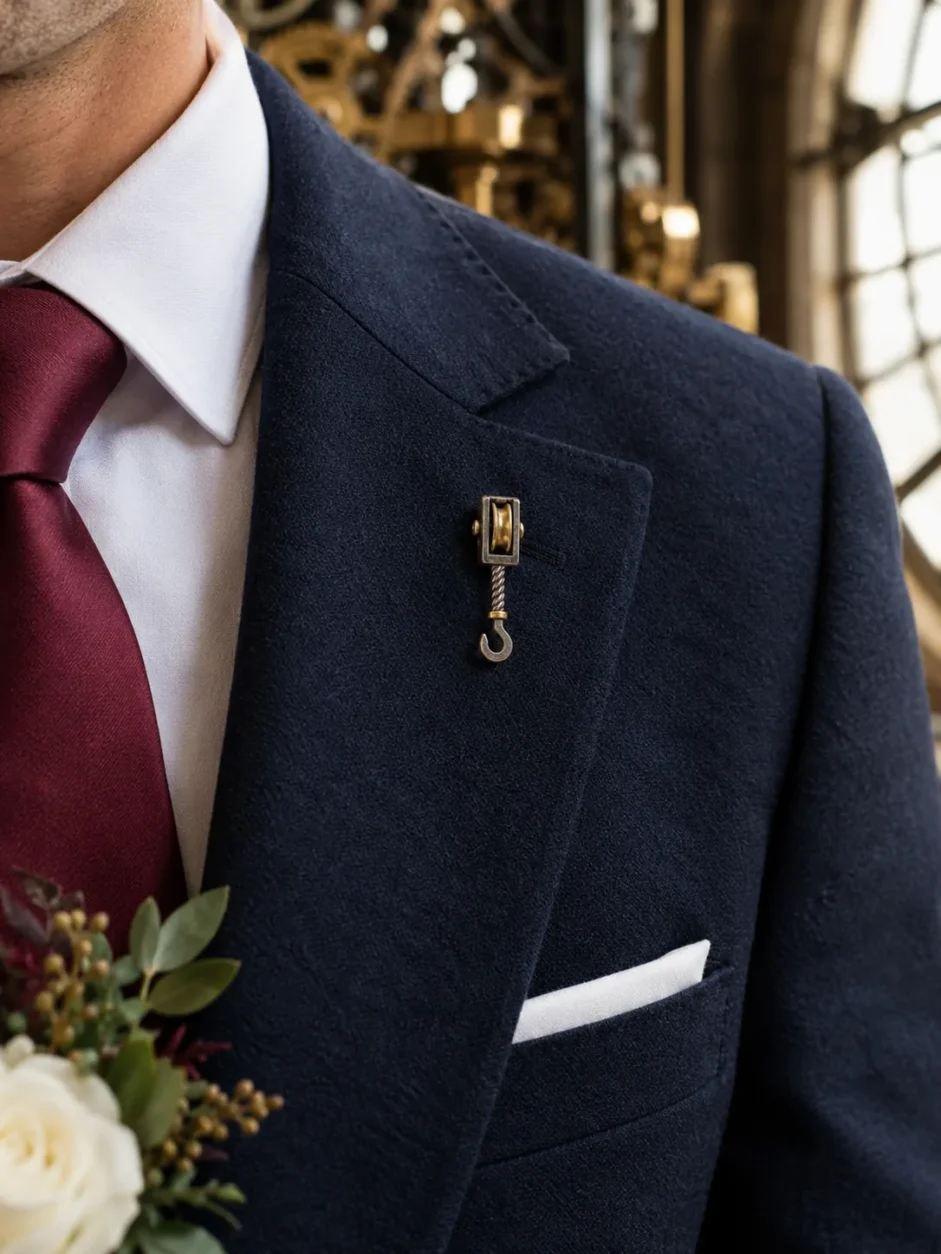 Pulley Block Lapel Pin worn with a wedding suit