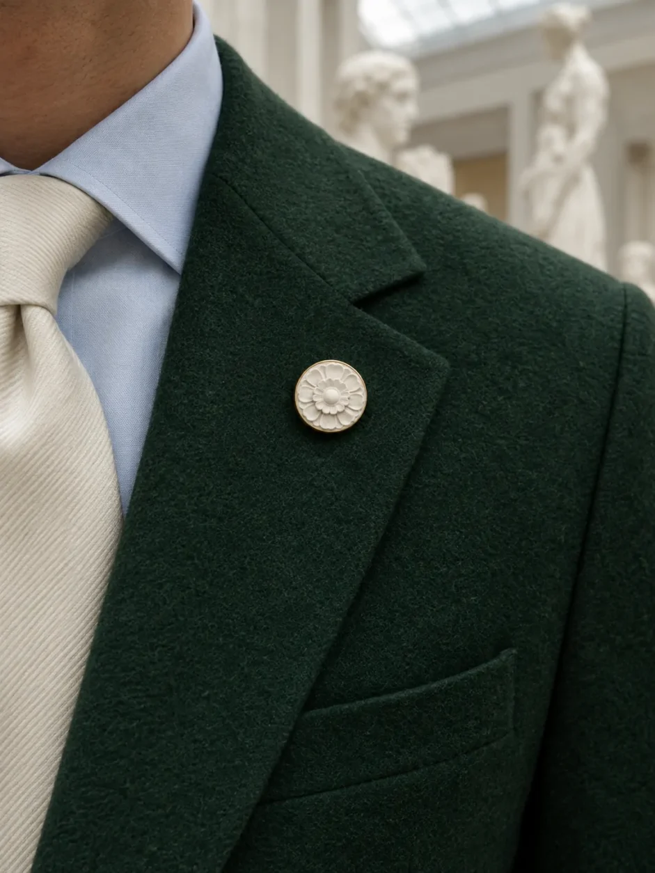 Ceiling Rosette Lapel Pin worn with a wedding suit