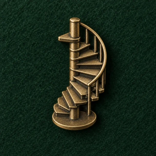 Spiral Stair Lapel Pin, front view on green felt