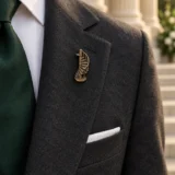 Spiral Stair Lapel Pin worn with a wedding suit