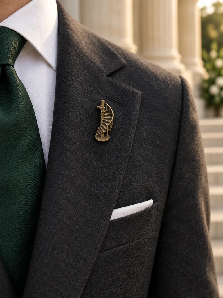 Spiral Stair Lapel Pin worn with a wedding suit
