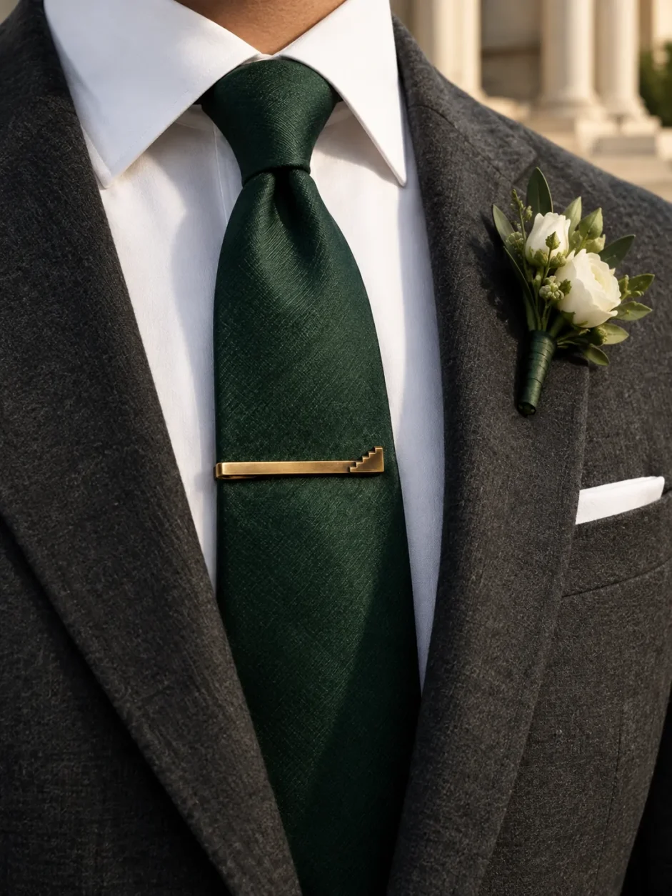 Stair Tie Bar worn with a wedding suit