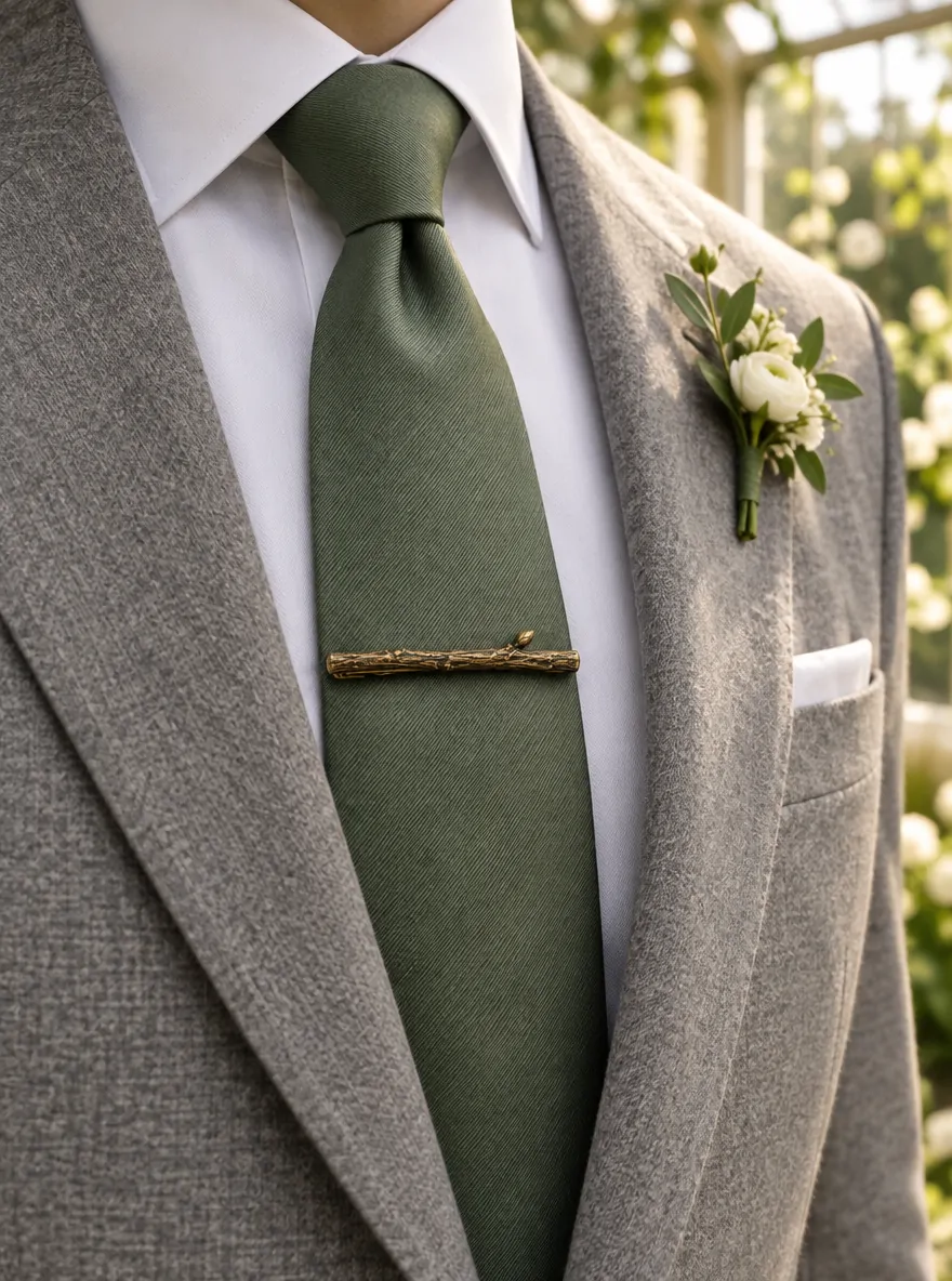 Twig Tie Bar worn with a wedding suit