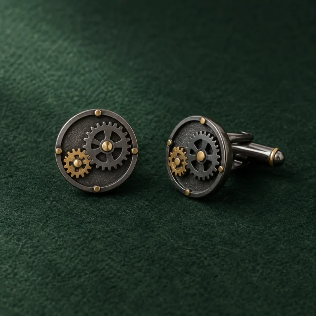 Twin Cogs Cufflinks, front view on green felt