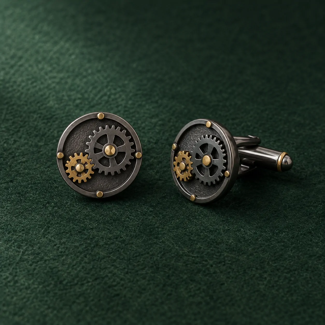 Twin Cogs Cufflinks, front view on green felt