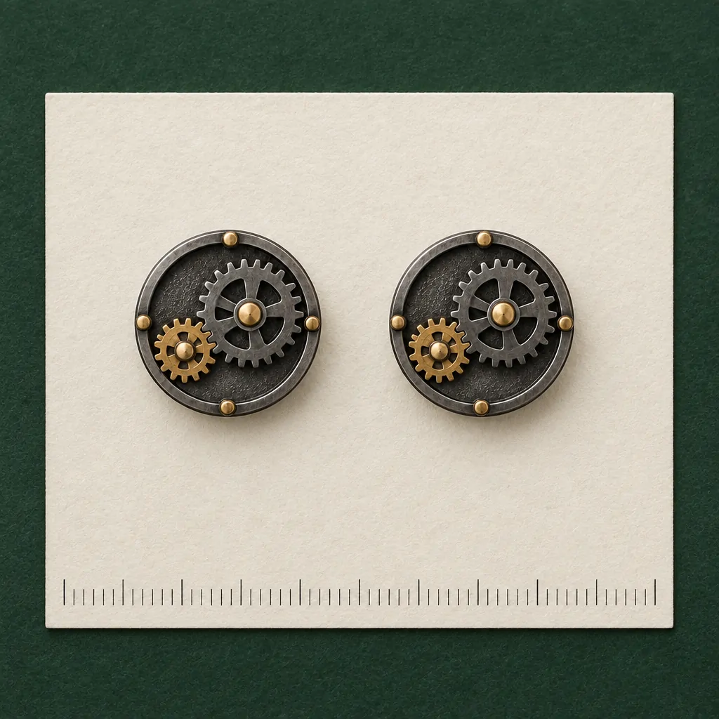 Twin Cogs Cufflinks on a millimetre scale card