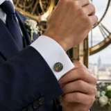 Twin Cogs Cufflinks worn with a wedding suit