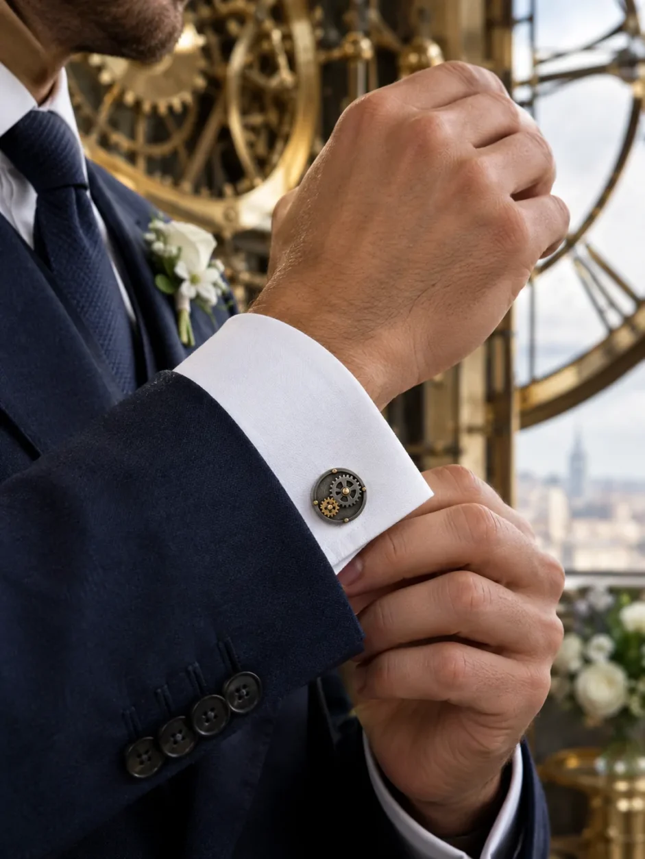 Twin Cogs Cufflinks worn with a wedding suit