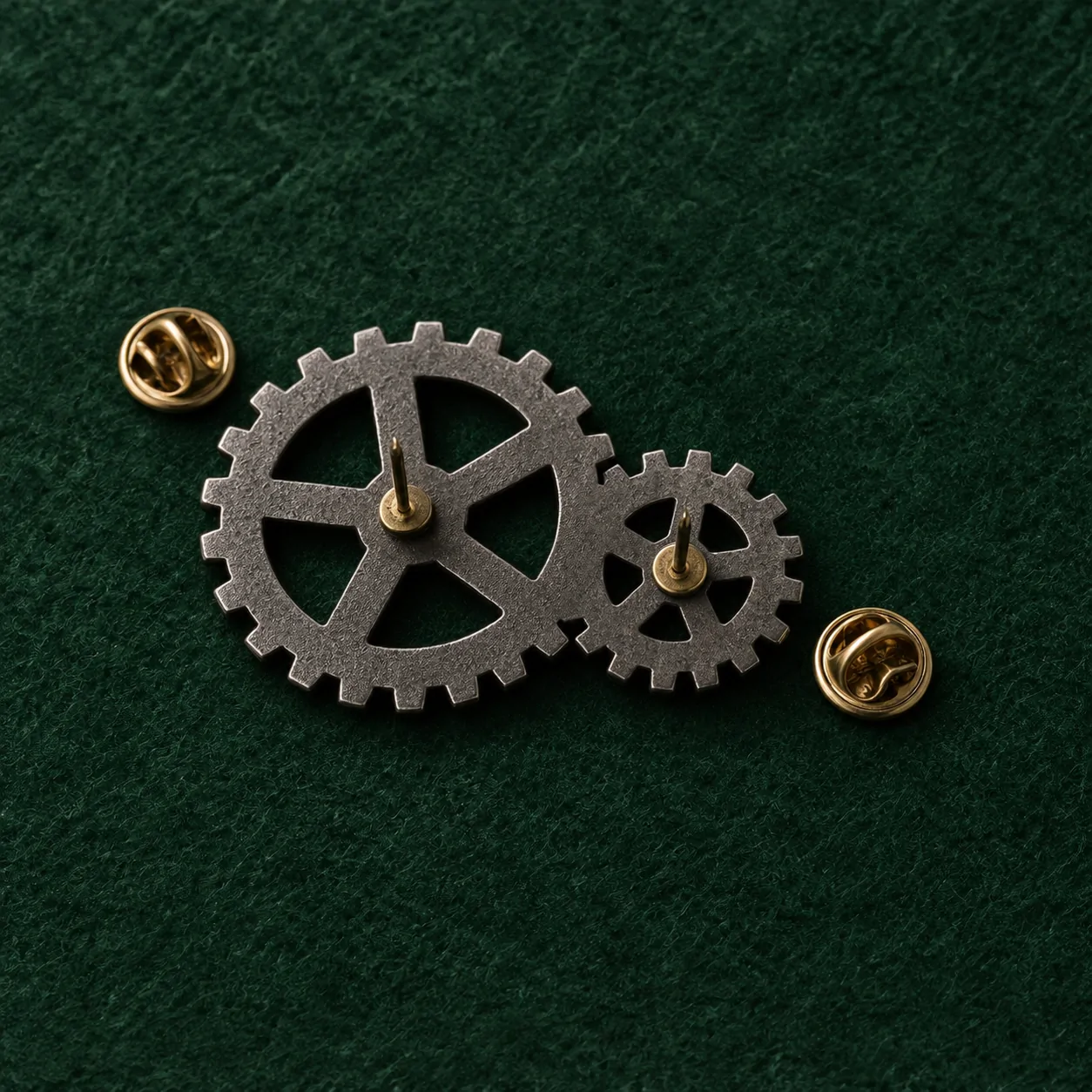 Twin Cogs Lapel Pin, back and fastening