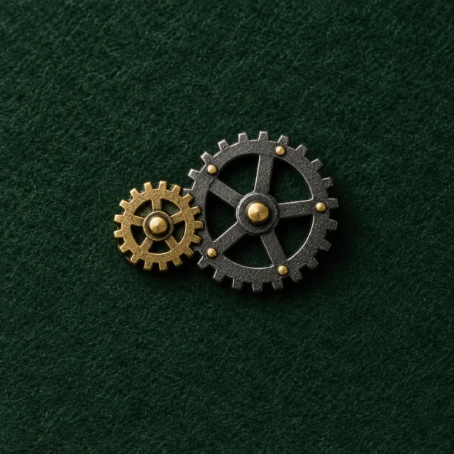 Twin Cogs Lapel Pin, front view on green felt