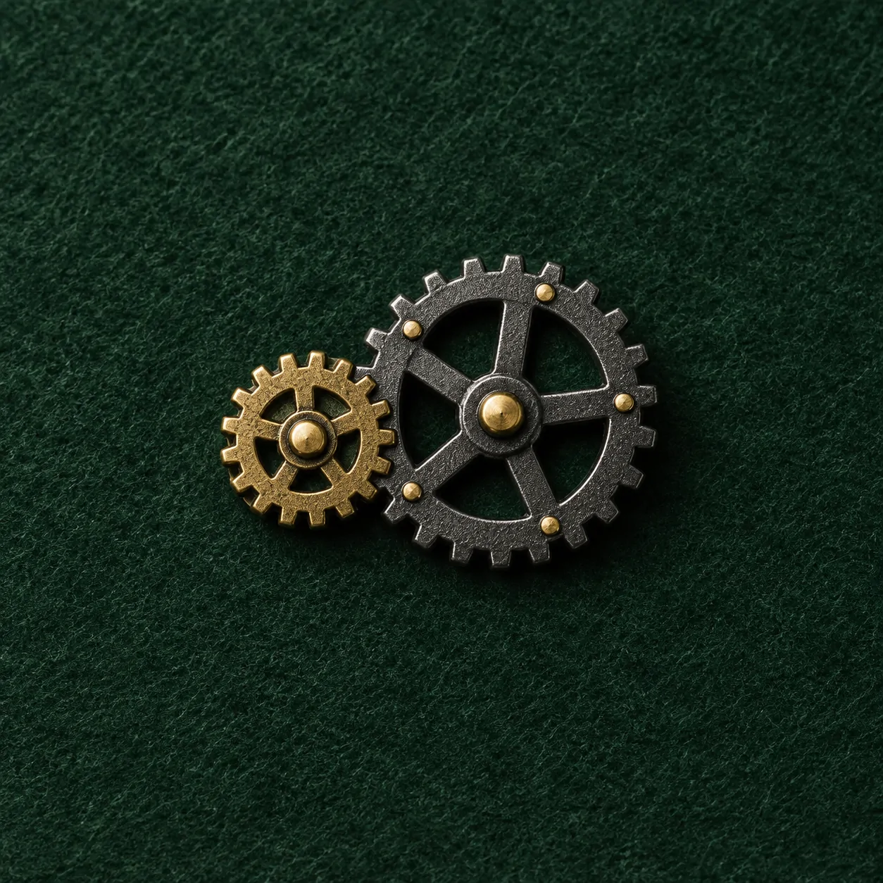 Twin Cogs Lapel Pin, front view on green felt