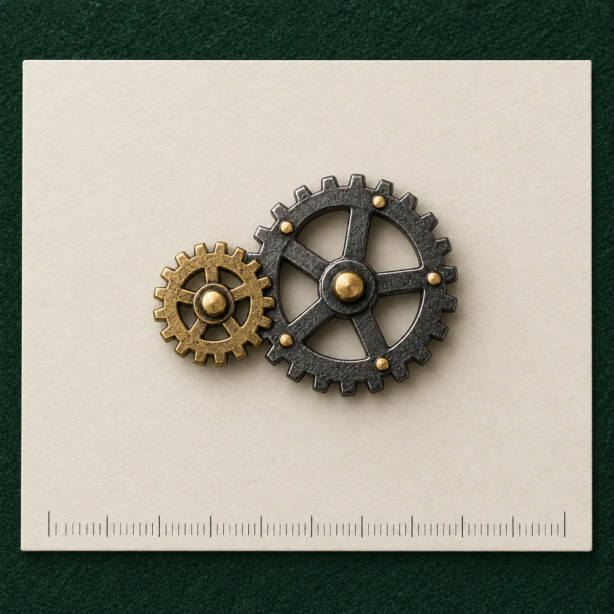 Twin Cogs Lapel Pin on a millimetre scale card