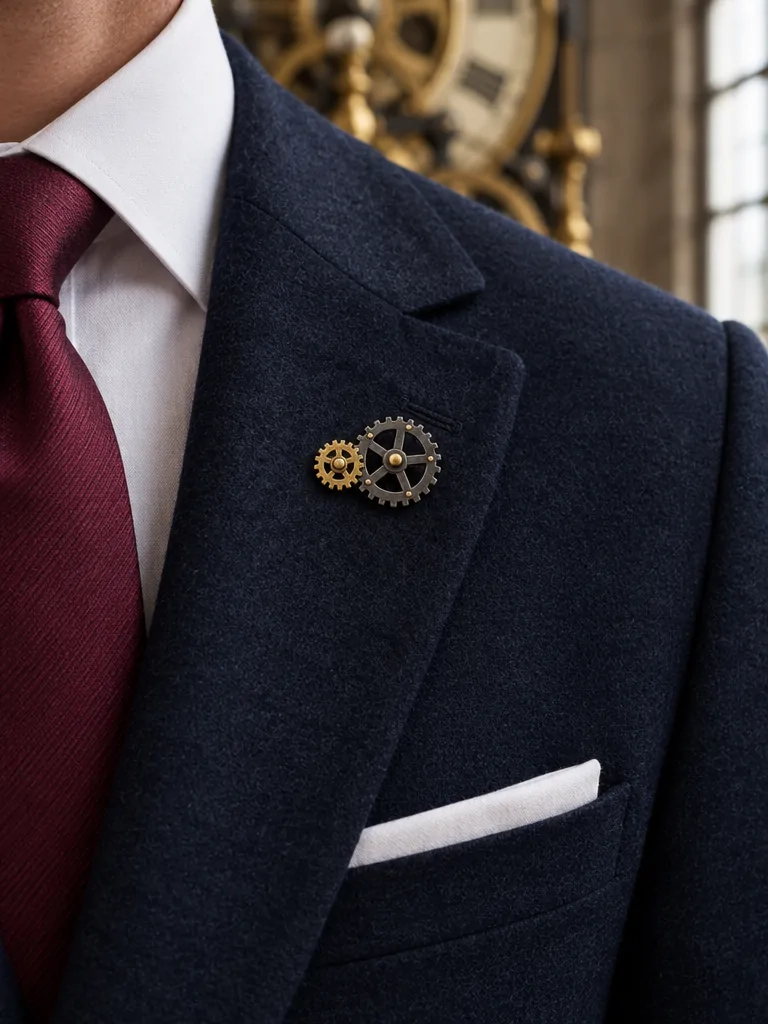 Twin Cogs Lapel Pin worn with a wedding suit